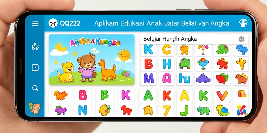 Screenshot aplikasi QQ222 menampilkan antarmuka menyenangkan untuk belajar huruf dan angka.