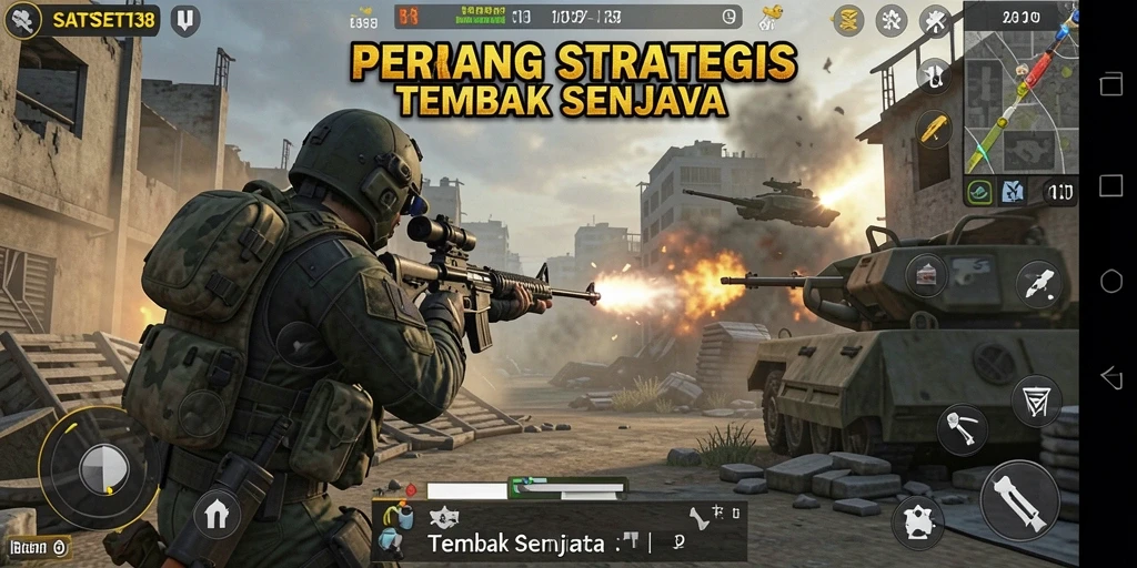 Antarmuka SATSET138 menampilkan aksi tembak-menembak yang intens.